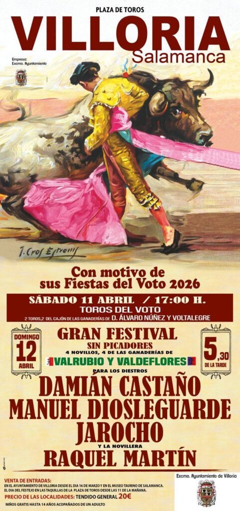 Cartel anunciador con los nombres de los toreros del festival taurino en Villoria para el 12 de abril.