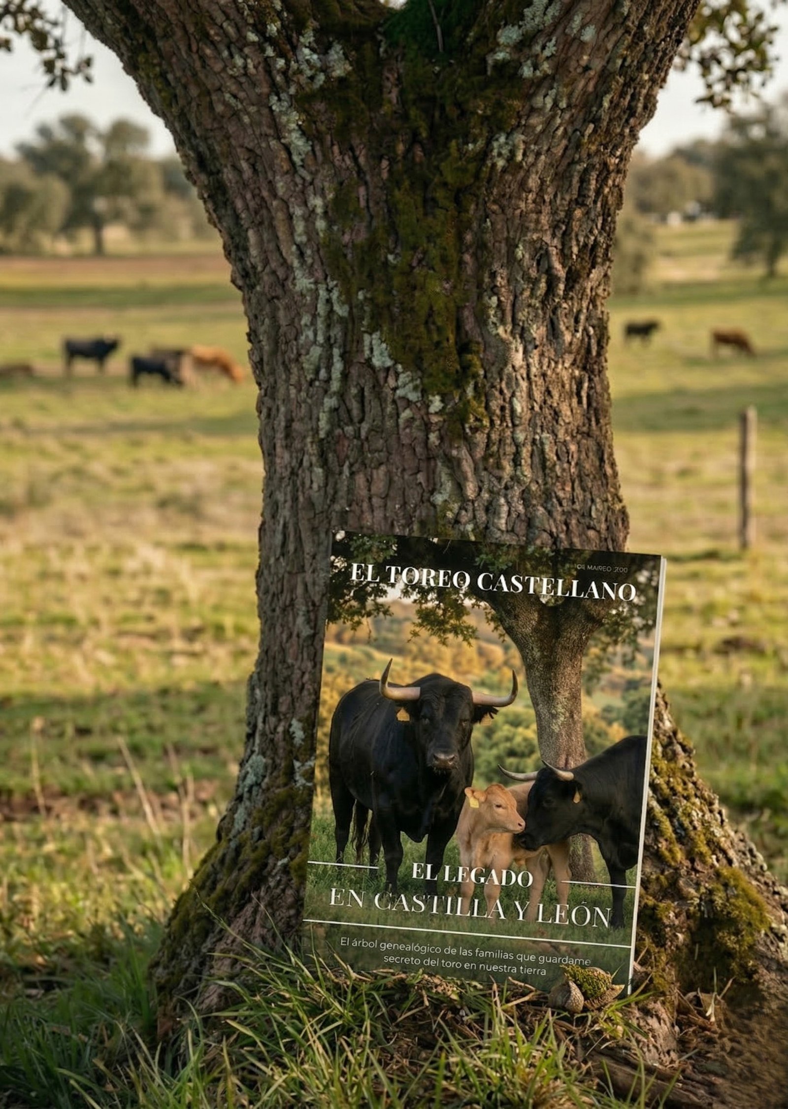 Montaje de la revista el toreo castellano número 59 apoyada en el tronco de una encina con el campo bravo de fondo.