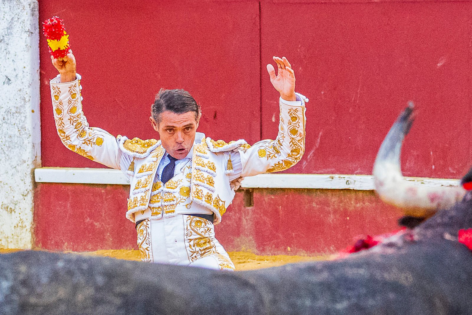 Sánchez Vara vestido de blanco y oro citando al toro para clavar un par de banderillas.