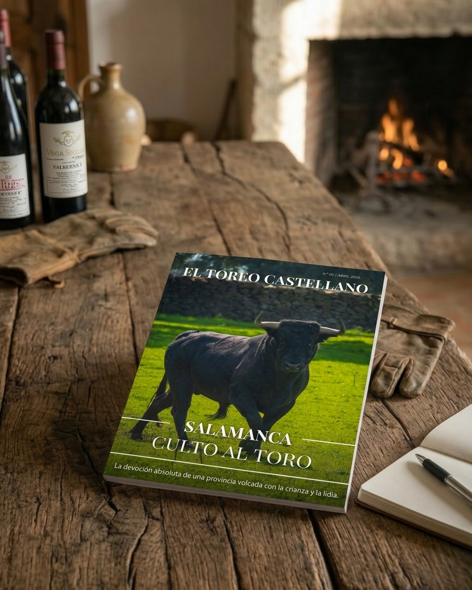 Edición número 60 de la revista El Toreo Castellano apoyada en una mesa rústica junto a una botella de vino y una chimenea.
