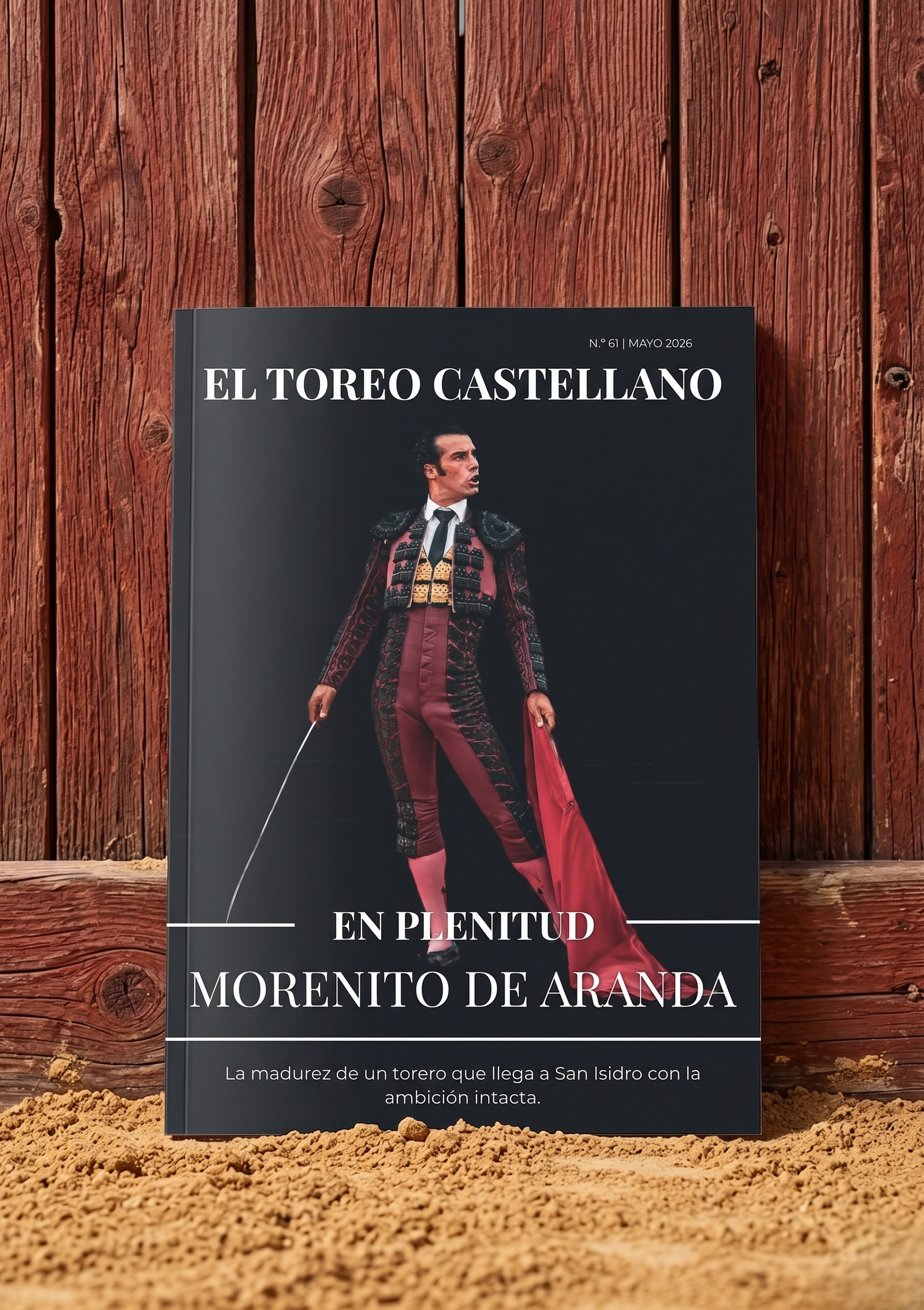 Fotografía de Javier Pérez de la portada de la revista El Toreo Castellano apoyada en un burladero de madera.